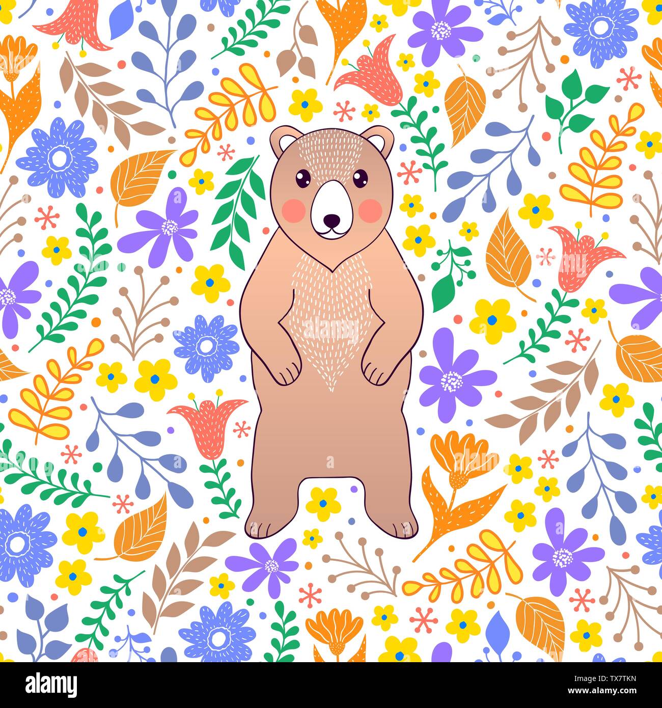 Orso e fiori su sfondo bianco Illustrazione Vettoriale