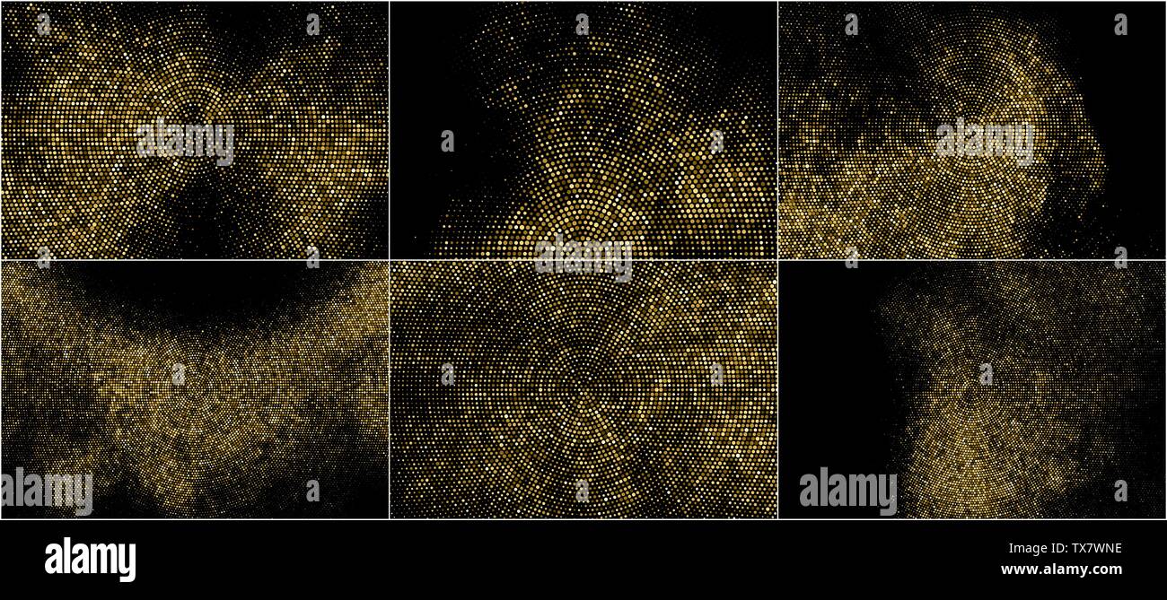 Set di oro Glitter Halftone sfondo tratteggiato. Abstract circolare modello retrò. La Pop Art Style Background. Golden esplosione di coriandoli. Gener digitalmente Illustrazione Vettoriale