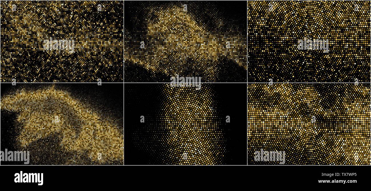 Set di oro Glitter Halftone sfondo tratteggiato. Abstract circolare modello retrò. La Pop Art Style Background. Golden esplosione di coriandoli. Gener digitalmente Illustrazione Vettoriale