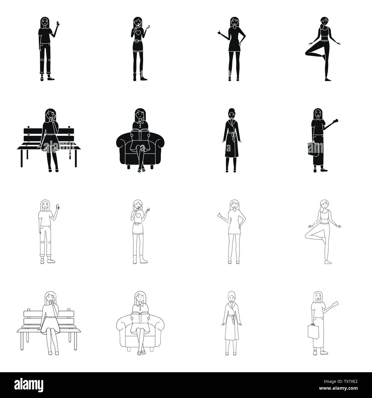 Illustrazione Vettoriale di postura e logo dell'umore. Set di postura e stock femmina illustrazione vettoriale. Illustrazione Vettoriale