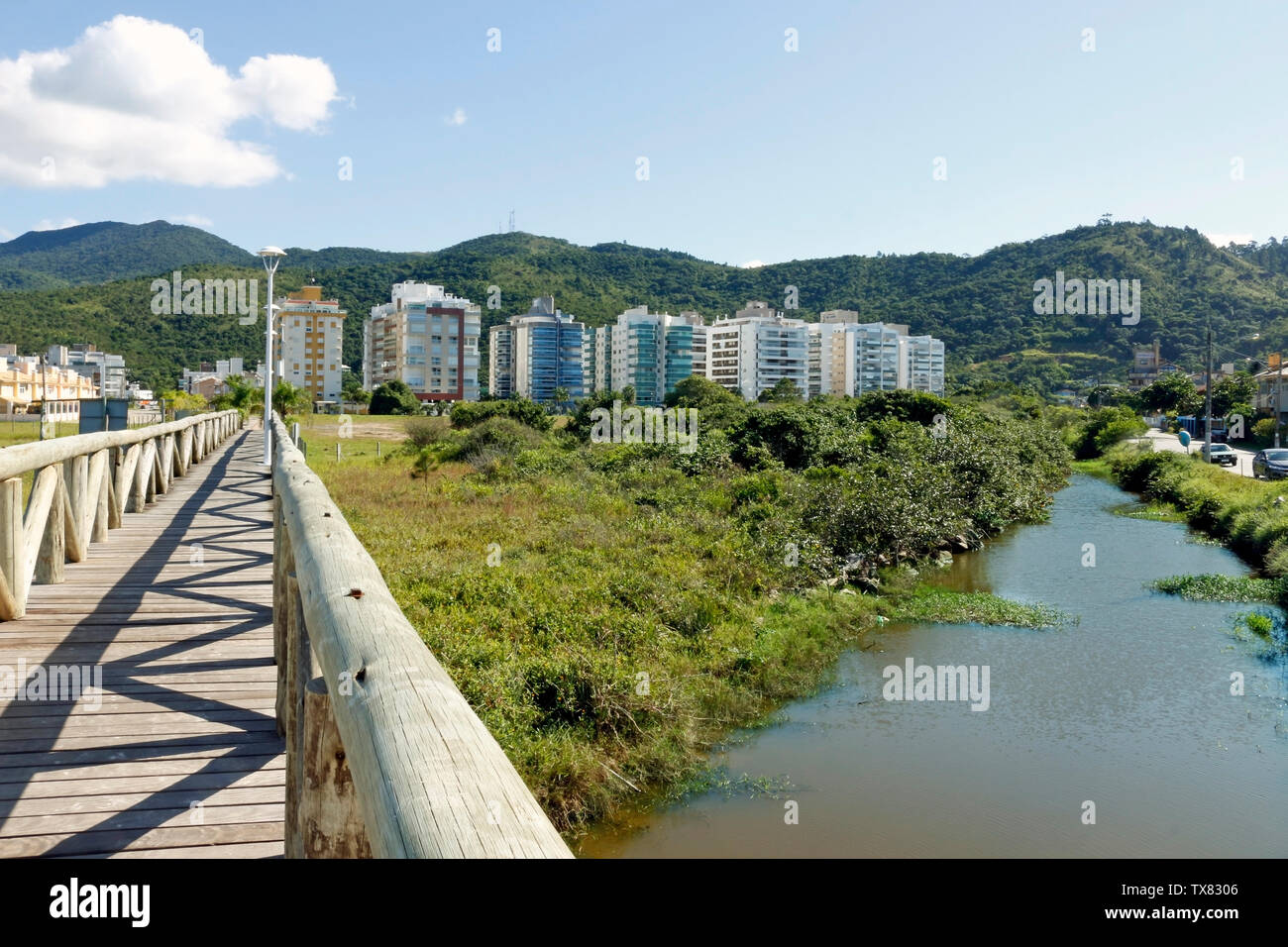 Sulla spiaggia di Palmas, in Santa Catarina, il legno delle passerelle di proteggere la fauna e la flora costiere del mare. Foto Stock