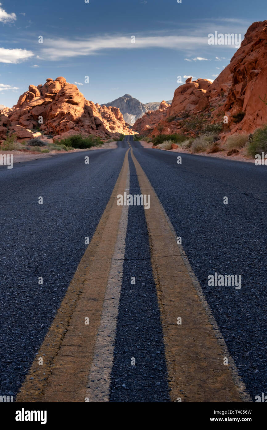 La luce della sera illumina la Highway attraverso il Parco della Valle di Fire State, Nevada, STATI UNITI D'AMERICA Foto Stock