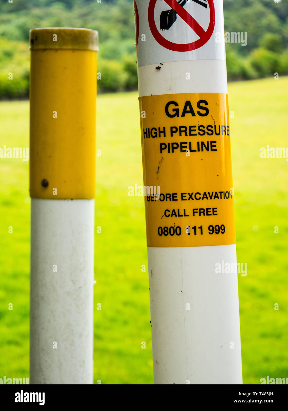 Indicatore di avvertimento per la pressione alta Gas Pipeline, Streatley, Berkshire, Inghilterra, Regno Unito, GB. Foto Stock