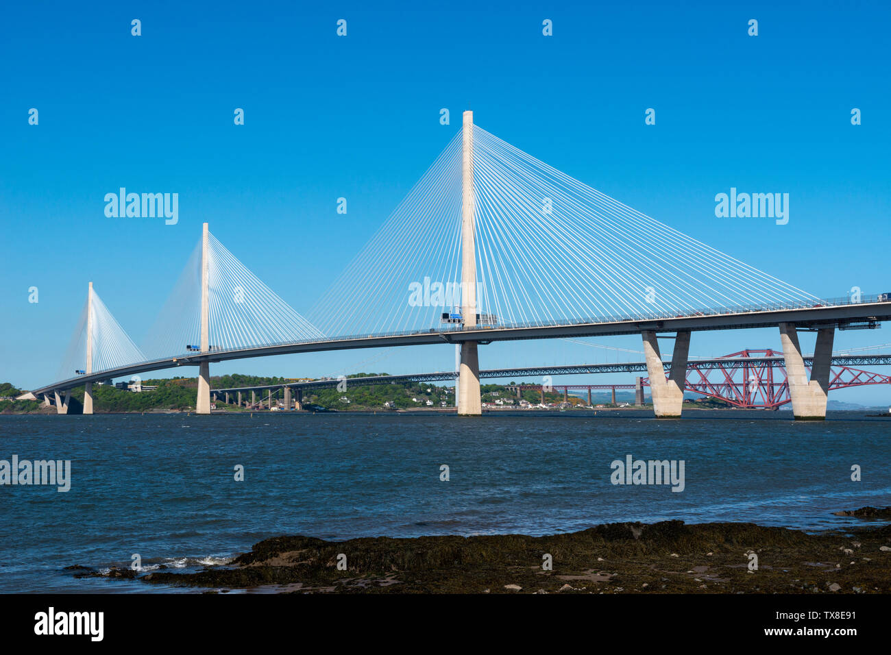 Nuovo attraversamento Queensferry Road bridge, con Forth Road Bridge e Forth Railway Bridge in background, visto dal South Queensferry, Scotland, Regno Unito Foto Stock