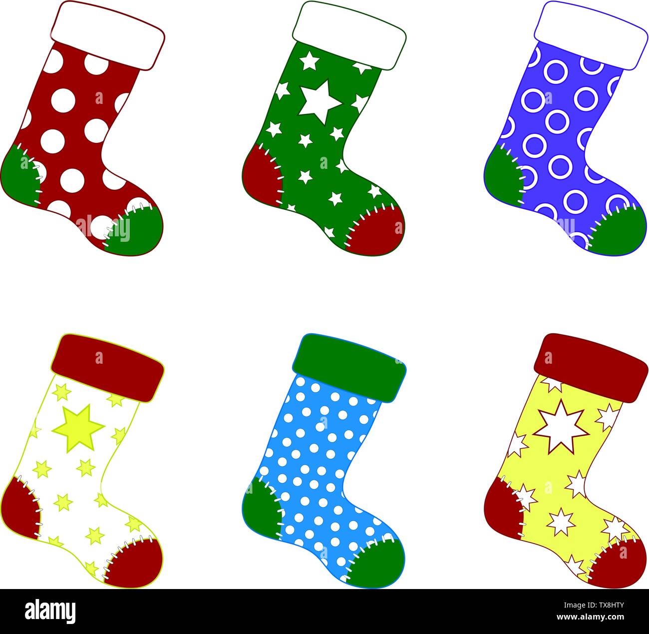 Set di colorate Calze di Natale. Diversi Sockings in Cartoon in stile appartamento. Illustrazione di vettore per il design. Illustrazione Vettoriale