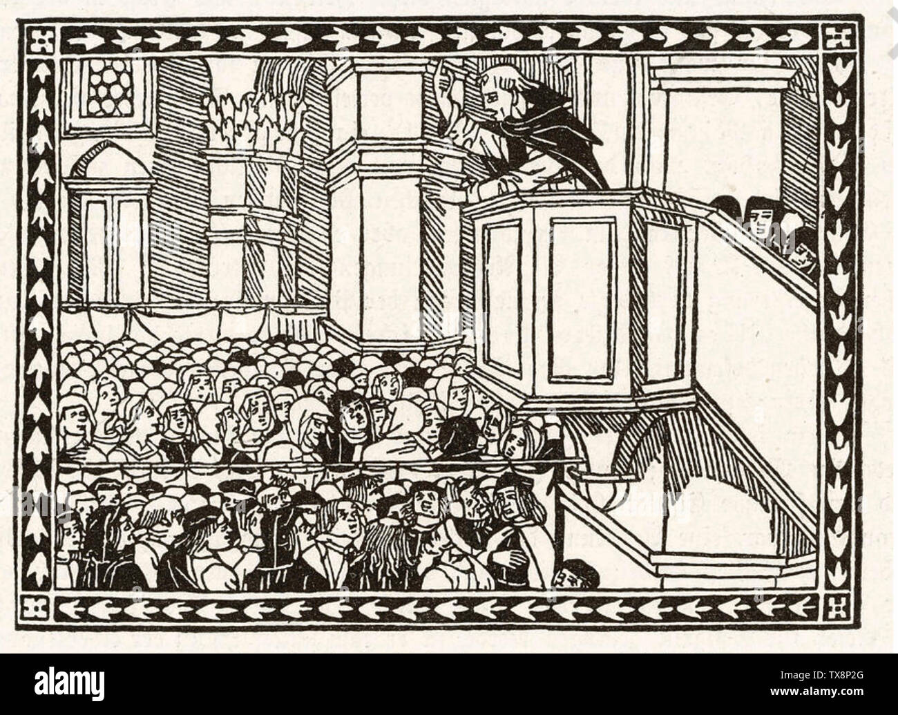 GIROLAMO SAVONAROLA (1452-1498) Italiano frate domenicano predica per un pranzo congregazione in una xilografia dal suo libro 1496 Compendio di revelatione Foto Stock