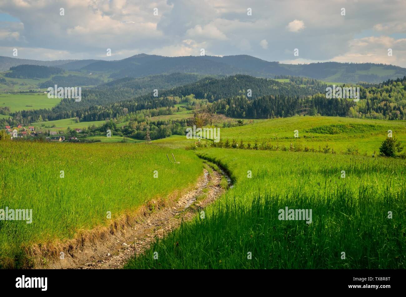 Bella rurali paesaggio di montagna. Incantevoli villaggi nelle valli tra le verdi colline. Foto Stock