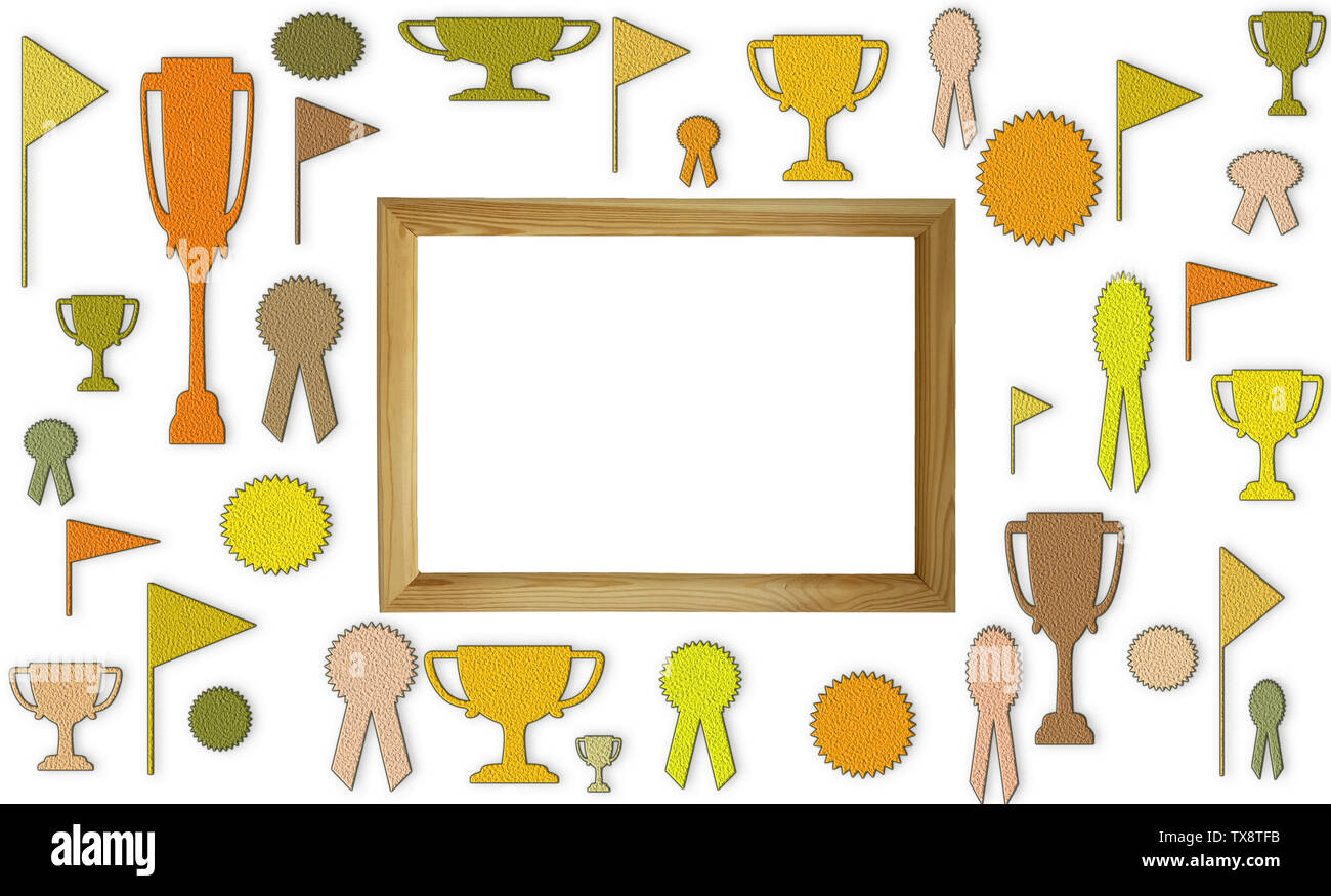 Hall of fame concetto con libera la copia in bianco lo spazio. Tazze, medaglie e i badge con spazio bianco nel telaio di legno mockup Foto Stock