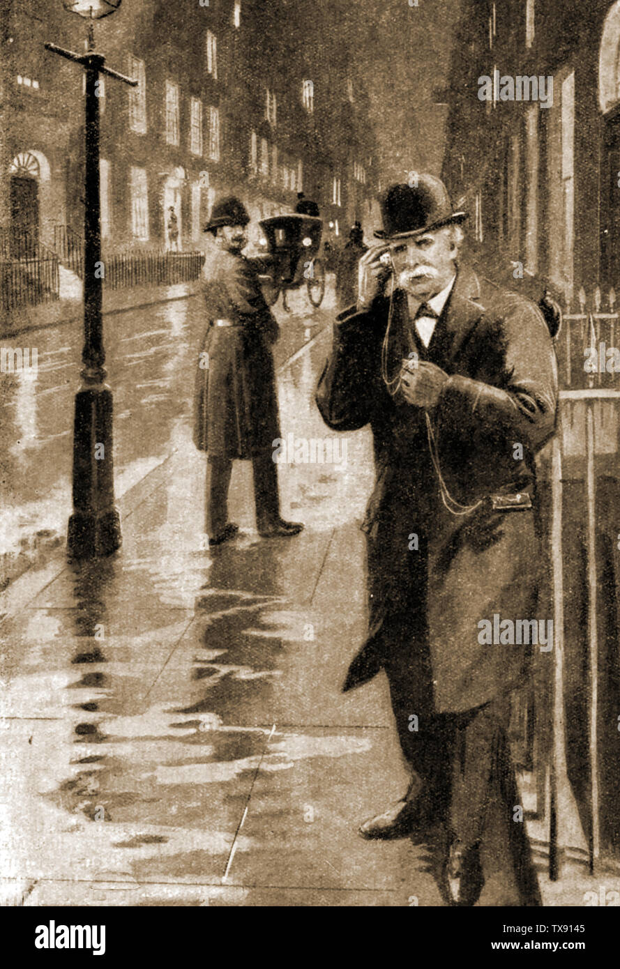 Telefono e radio - storia - inventore Vittoriano David Edward Hughes suscita un poliziotto il sospetto di Portland Street, Londra mentre la sperimentazione con la comunicazione wireless e conversazioni telefoniche Foto Stock