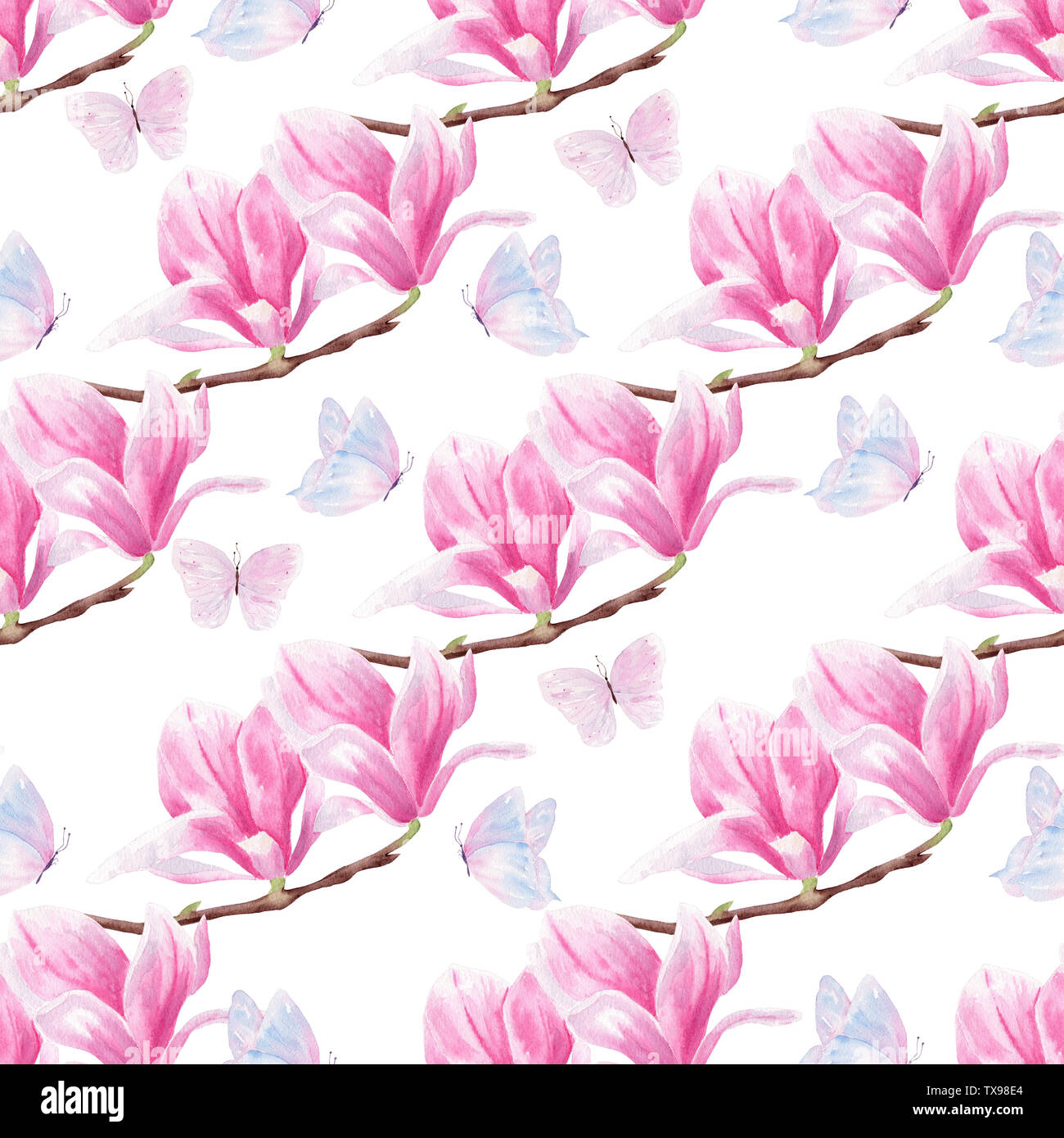 Fiori e farfalle disegnati a mano acquerello seamless pattern. Design floreale texture raster. Sbocciano i fiori colorati su sfondo bianco. Bella naturale Foto Stock