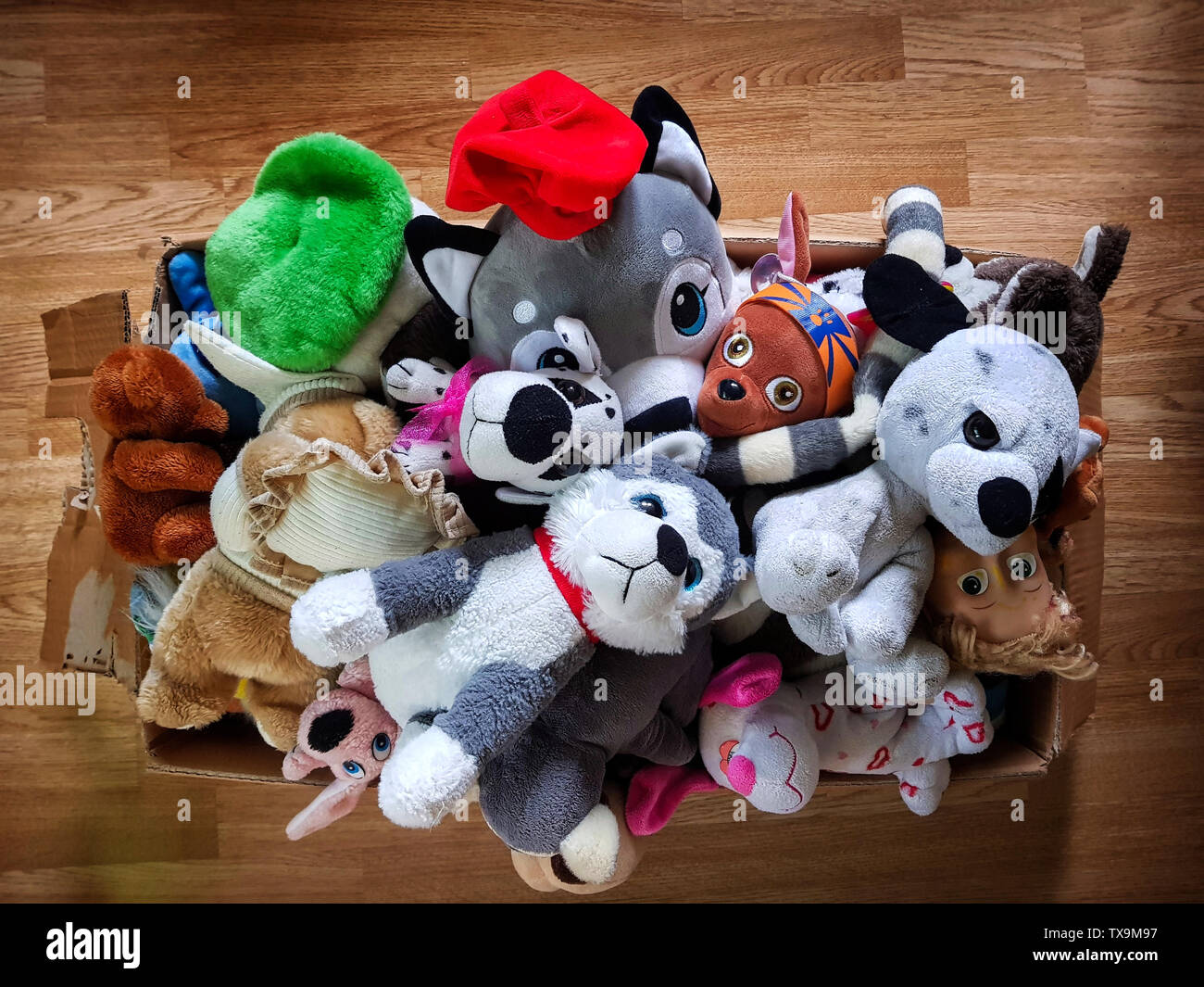Sacco di giocattoli stufed ina prua. Cucciolo di giocattoli. Foto Stock