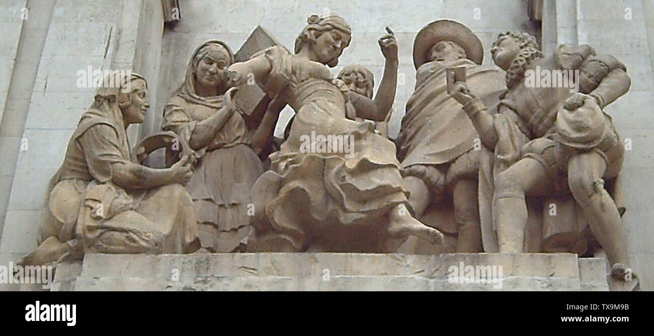La Gitanilla (La Piccola Ragazza Zingara). Gruppo scultoreo di pietra di Federico Coullaut-Valera (1912â-1989). Aggiunto nel 1960 al monumento a Cervantes (1925â€"30, 1956â€"57) in Plaza de EspaÃ±a (Piazza Spagna) a Madrid. EspaÃ±ol: La Gitanilla. Grupo escultÃ³rico realizado en piedra por Federico Coullaut-Valera (1912â-1989). AÃ±adido en 1960 al monumento a Cervantes (1925â€"30, 1956â€"57) de la Plaza de EspaÃ±a de Madrid.; 14 aprile 2006; Lavori Propri; Luis GarcÃ­a (Zaqarbal); Foto Stock
