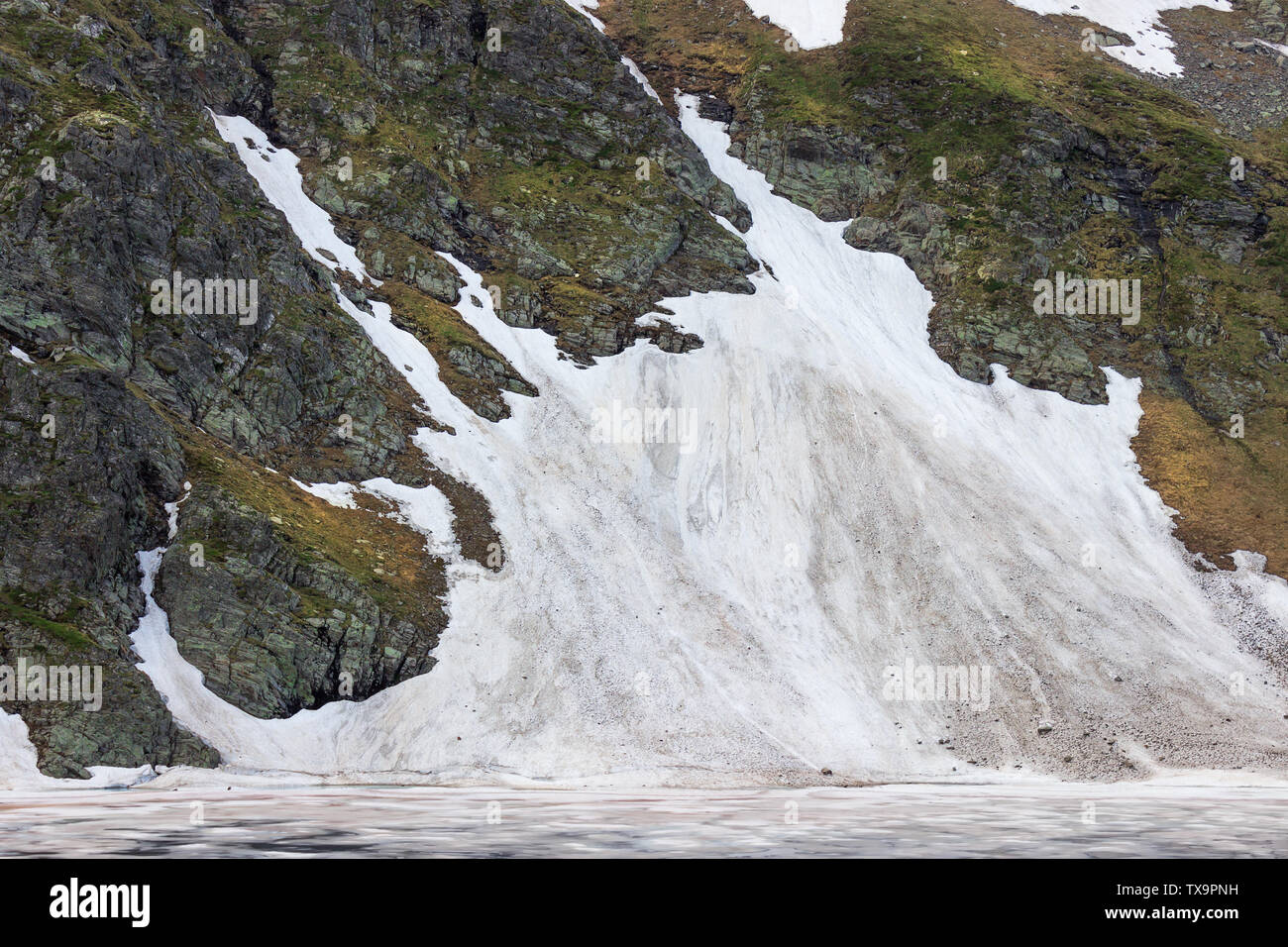 Vicino la vista attraverso gli occhi del lago, uno dei sette laghi di Rila, con colorati, ghiaccio rotto in corrispondenza di una scogliera rocciosa coperta di neve Foto Stock
