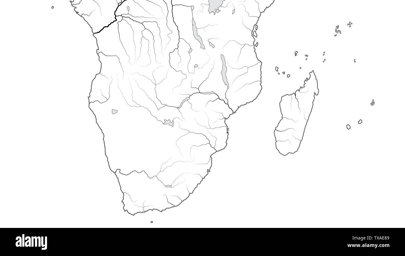 Mappa mondiale del litorale di AFRICA E MADAGASCAR: Sud Africa, in Rhodesia, Namibia, del Kenya, della Tanzania, Zanzibar, Zambesi, Zimbabwe, Madagascar. (Grafico). Foto Stock
