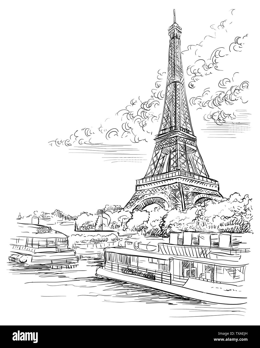 Vettore di disegno a mano illustrazione della Torre Eiffel (Parigi, Francia). Punto di riferimento di Parigi. Paesaggio con torre Eiffel, vista sul fiume Senna embankment. Vect Illustrazione Vettoriale