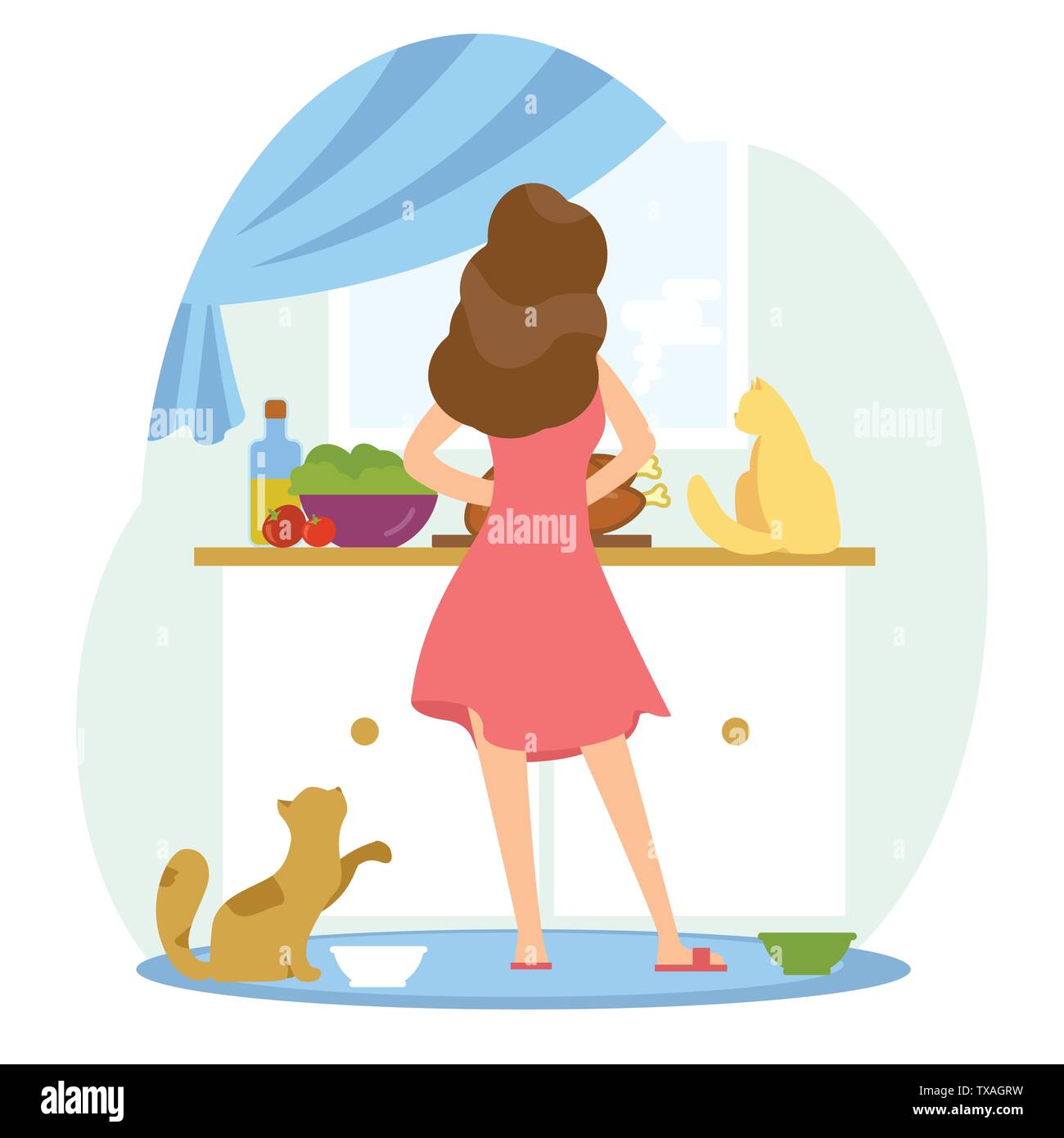 Ragazza è la cucina in cucina whis suoi gatti. Illustrazione Vettoriale