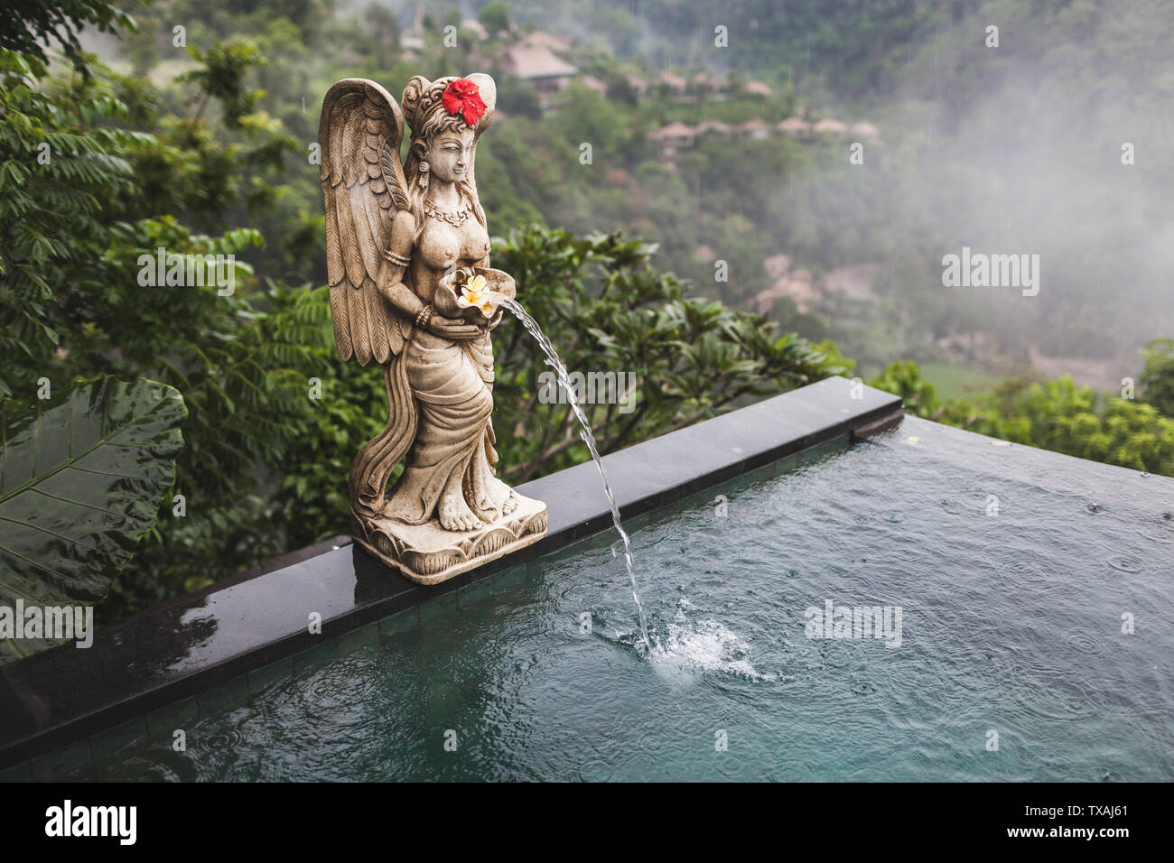 Bordo della piscina infinity privata con fontana decorata in stile balinese statua di angelo. Vista Giungla in Ubud, tempo piovoso Foto Stock
