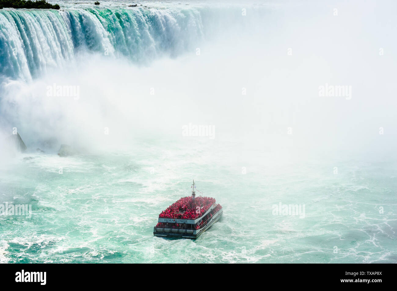 Cascate del Niagara, Canada - 27 agosto 2017: un tour in barca piena di passeggeri in rosso raincoats ottiene vicino alle cascate di Horseshoe. Foto Stock