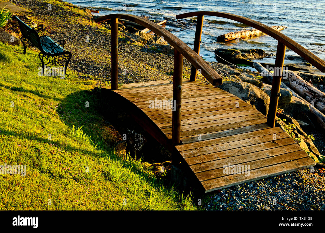 Un'immagine orizzontale con un piccolo ponte di legno lungo un percorso a piedi lungo la riva dell'isola di Vancouver, British Columbia Canada Foto Stock