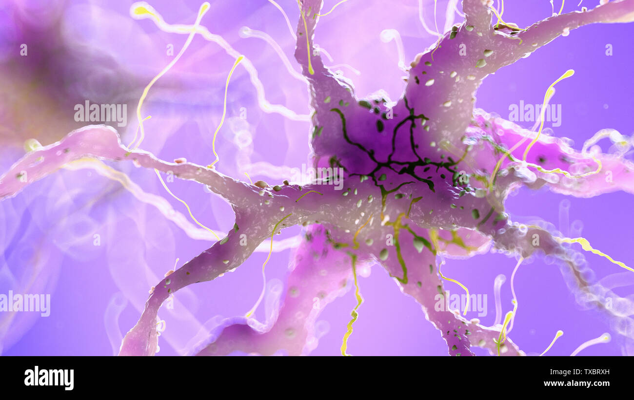 3D Rendering accurato dal punto di vista medico illustrazione del danneggiamento di una cellula nervosa Foto Stock