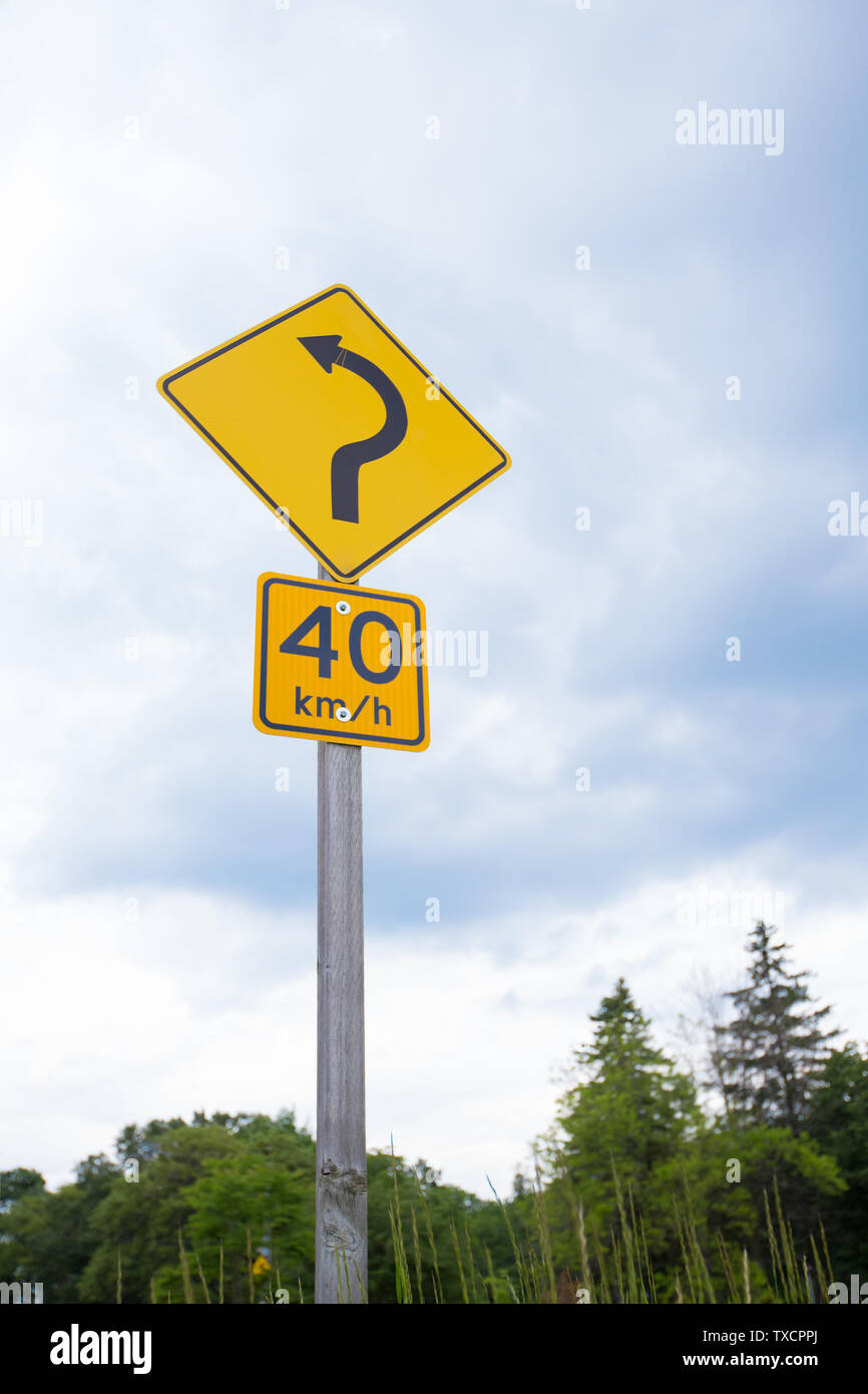 Cartelli stradali che mostra il limite massimo di velocità 40 km/h e Girare avanti curva verso sinistra Foto Stock