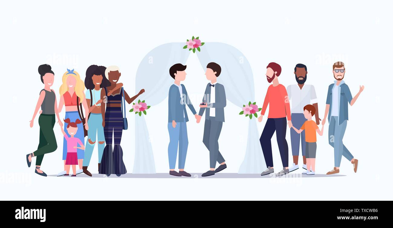 Giovane sposi omosessuali in piedi dietro a floral arch stesso sesso felice omosessuali sposate matrimonio di famiglia celebra concetto maschio di personaggi dei cartoni animati Illustrazione Vettoriale