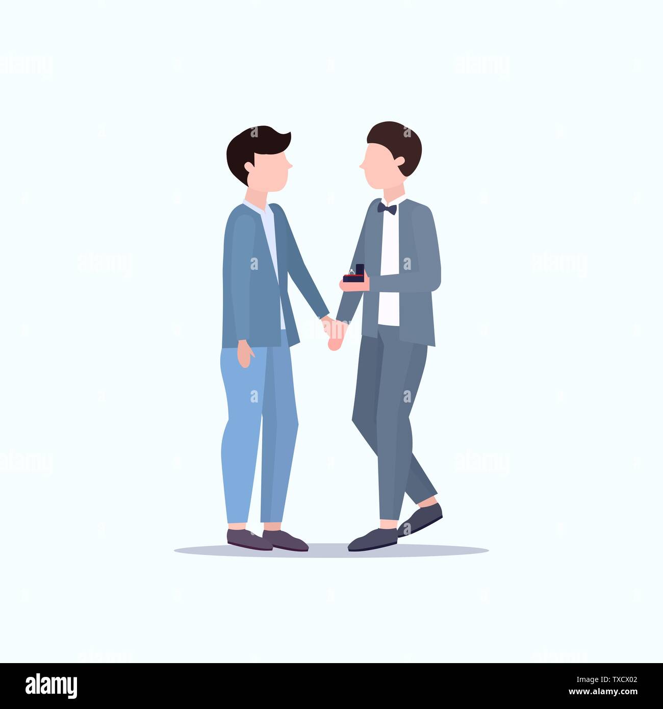 L'uomo gay azienda anello di fidanzamento proponendo il fidanzato di sposare lui giovane uomo matrimonio omosessuale offerta celebrare nozze concetto maschio di personaggi dei cartoni animati Illustrazione Vettoriale