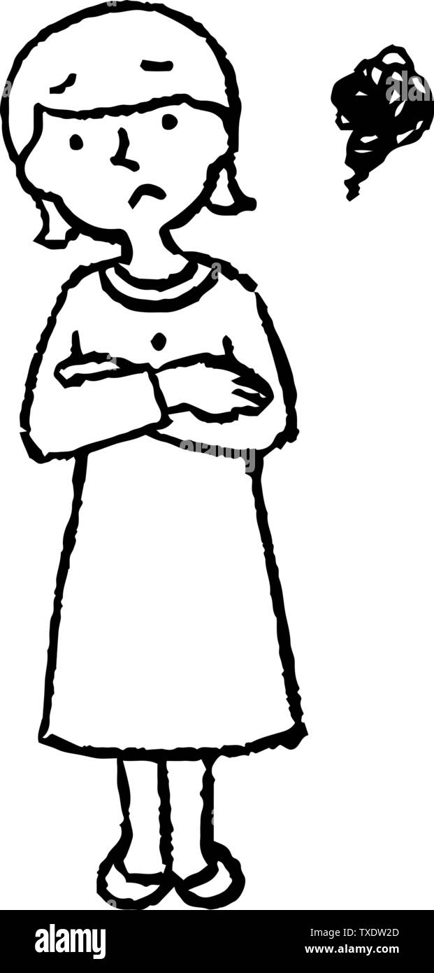 Questo è illustrazione di una donna che indossa un vestito viola e la faccia di posa set. Illustrazione Vettoriale