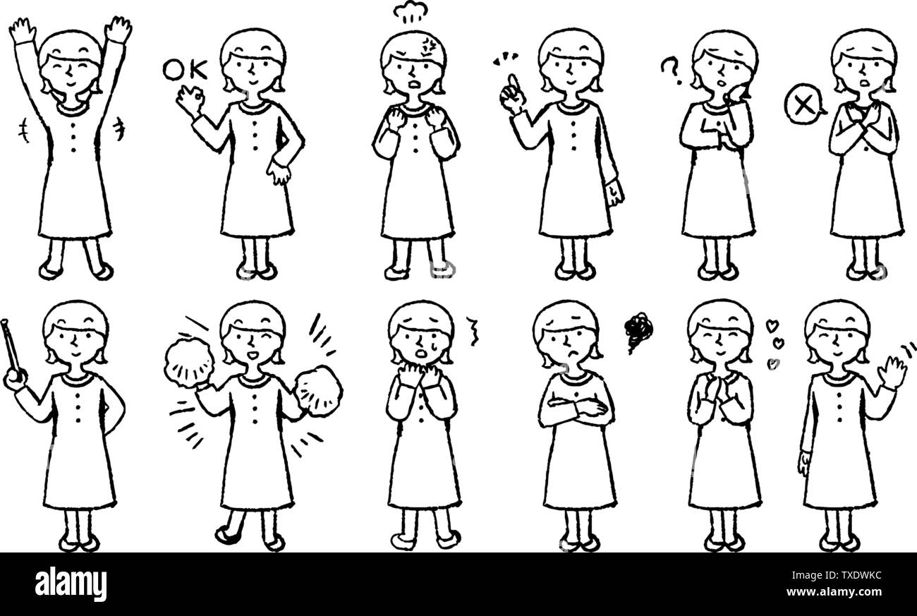 Questo è illustrazione di una donna che indossa un vestito viola e la faccia di posa set. Illustrazione Vettoriale