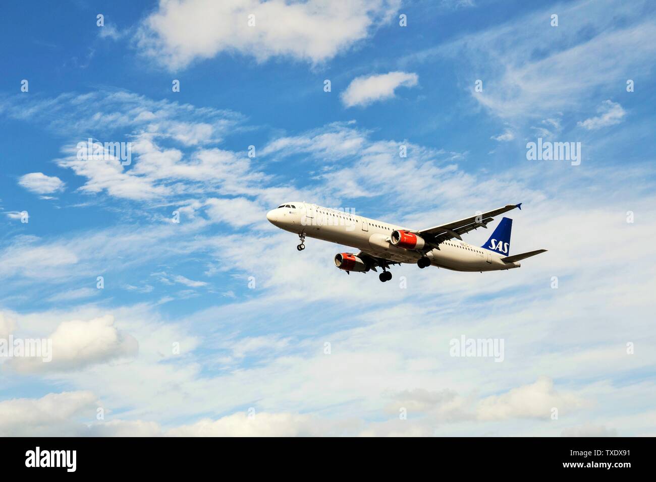 SAS Scandinavian Airlines aereo atterraggio all' Aeroporto di Heathrow di Londra, Regno Unito Foto Stock