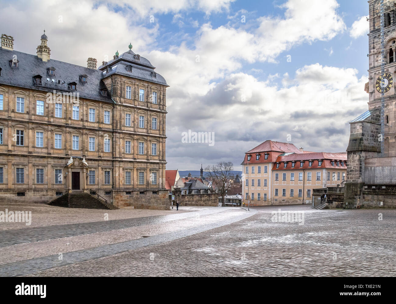 Città vecchia panorama comprendente la nuova residenza intorno Domplatz di Bamberg, una città della Baviera Foto Stock