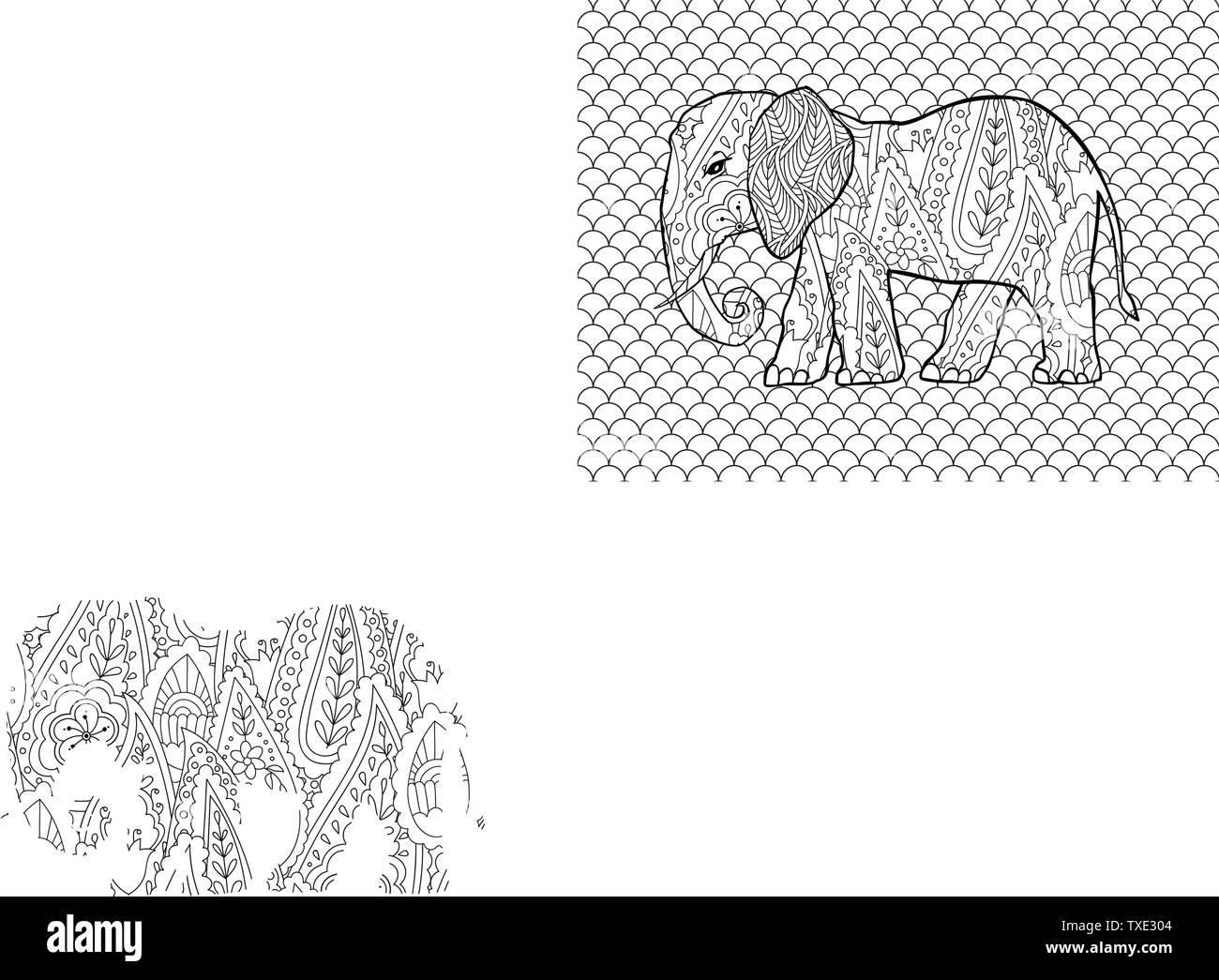 Pagina di colorazione con stile doodle elefante in zentangle stile ispirato. Illustrazione Vettoriale