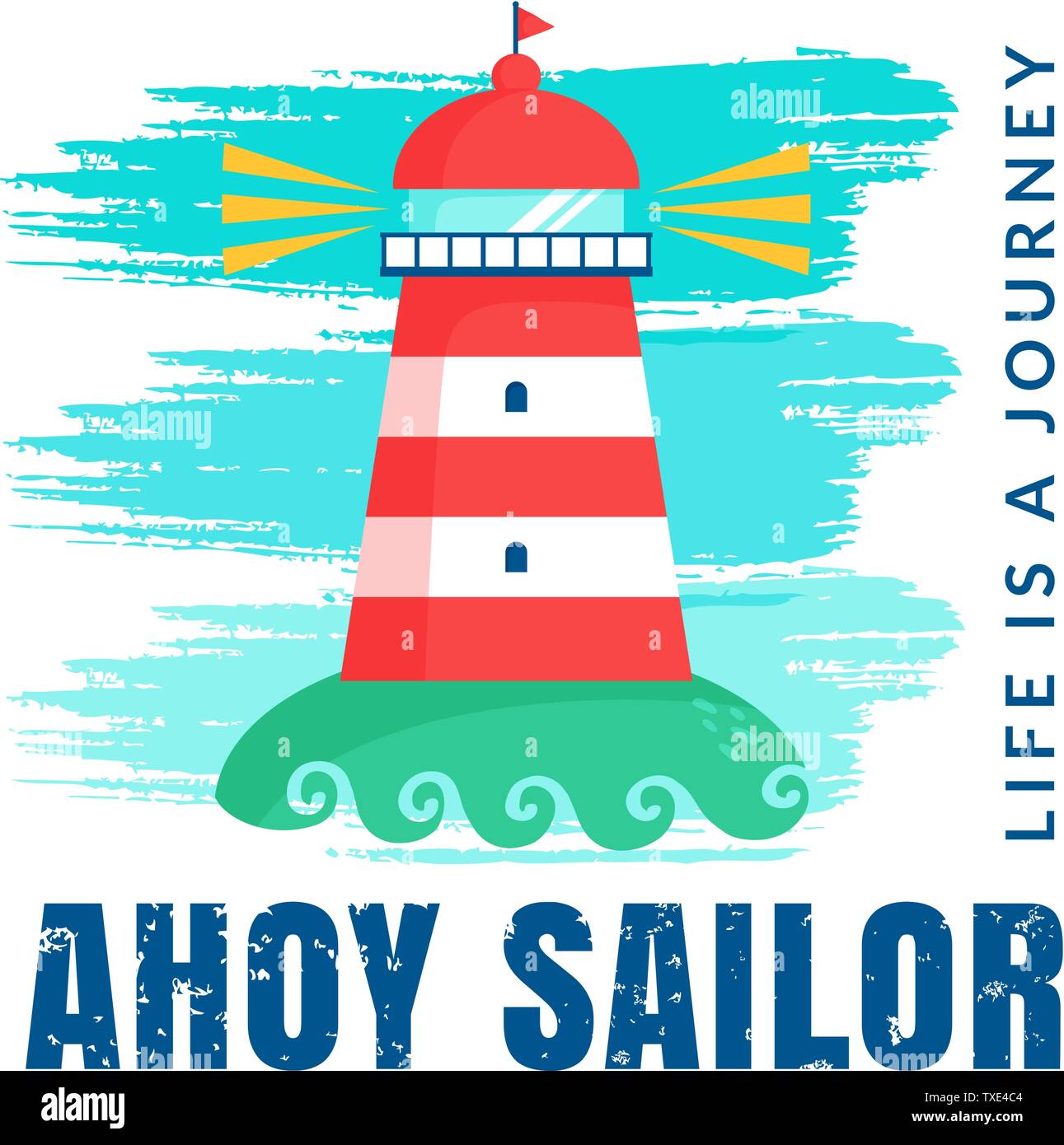 Illustrazione nautico con il faro e il palaconcerti AHOY Sailor slogan. Stampa vettoriale su uno sfondo bianco. Illustrazione Vettoriale