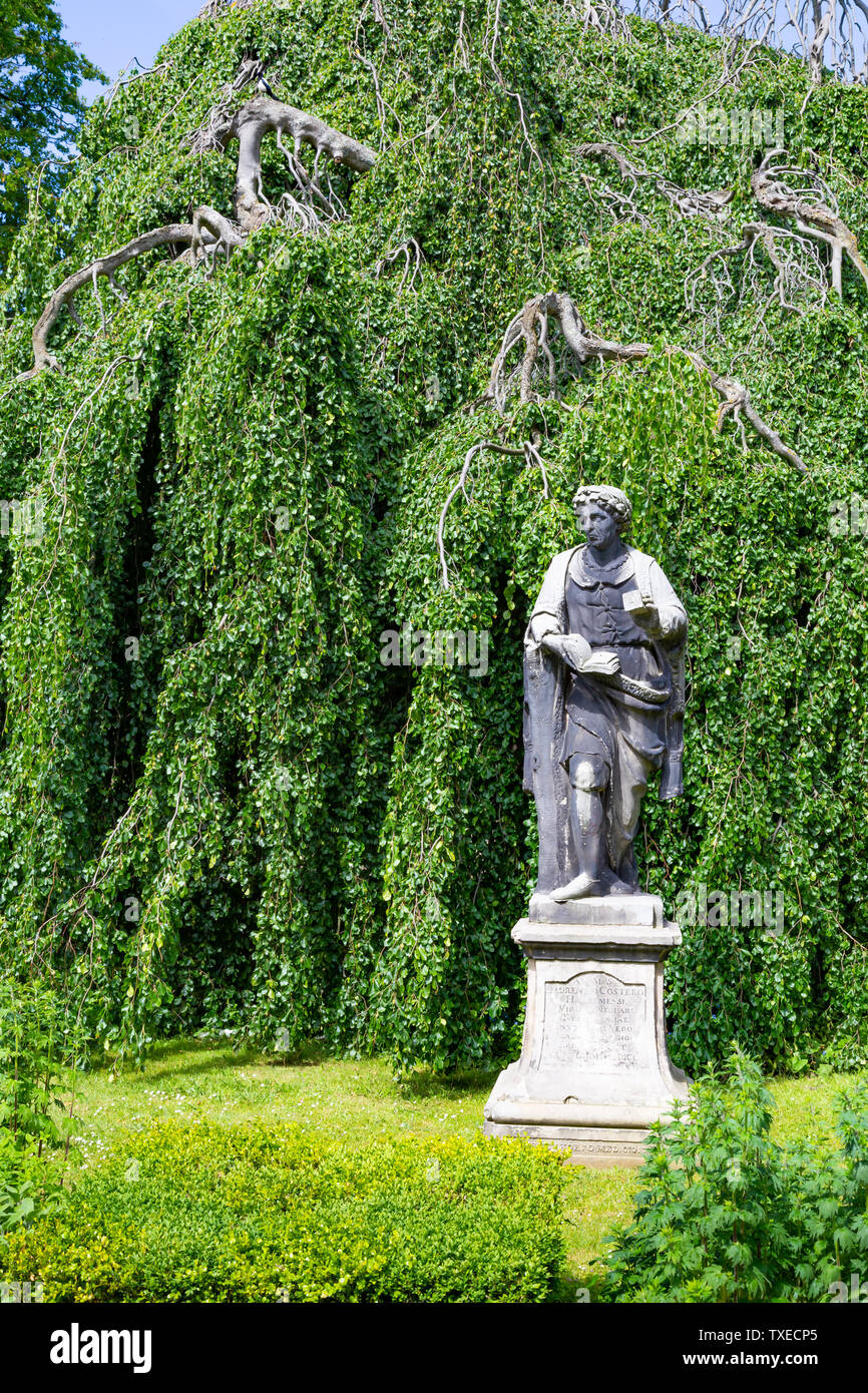 Haarlem, Paesi Bassi - 31 Maggio 2019: Statua di Laurens Janszoon Coster inventore di una macchina da stampa da Haarlem nei Paesi Bassi. Foto Stock