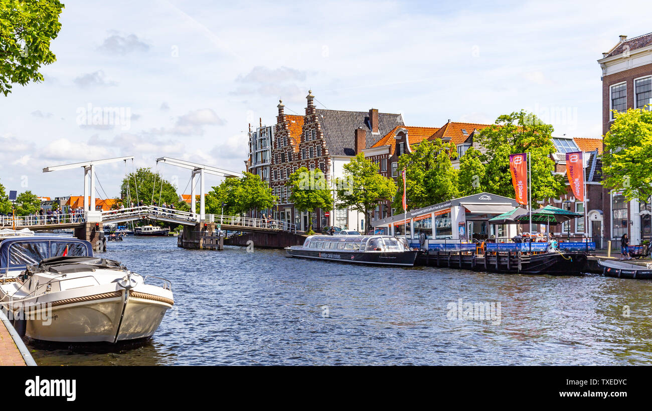 Haarlem, Paesi Bassi - 31 Maggio 2019: Cityscape Haarlem con timpano hosues, bridge, canal e canala battello da crociera nei Paesi Bassi Foto Stock