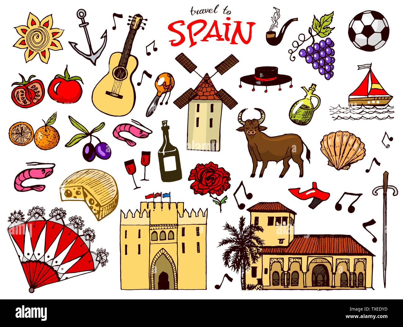 Lo spagnolo simboli tradizionali e oggetti. Serie di segni e icone in stile vintage. Disegnato a mano. Chitarra, futbol, musica e vino. Illustrazione Vettoriale
