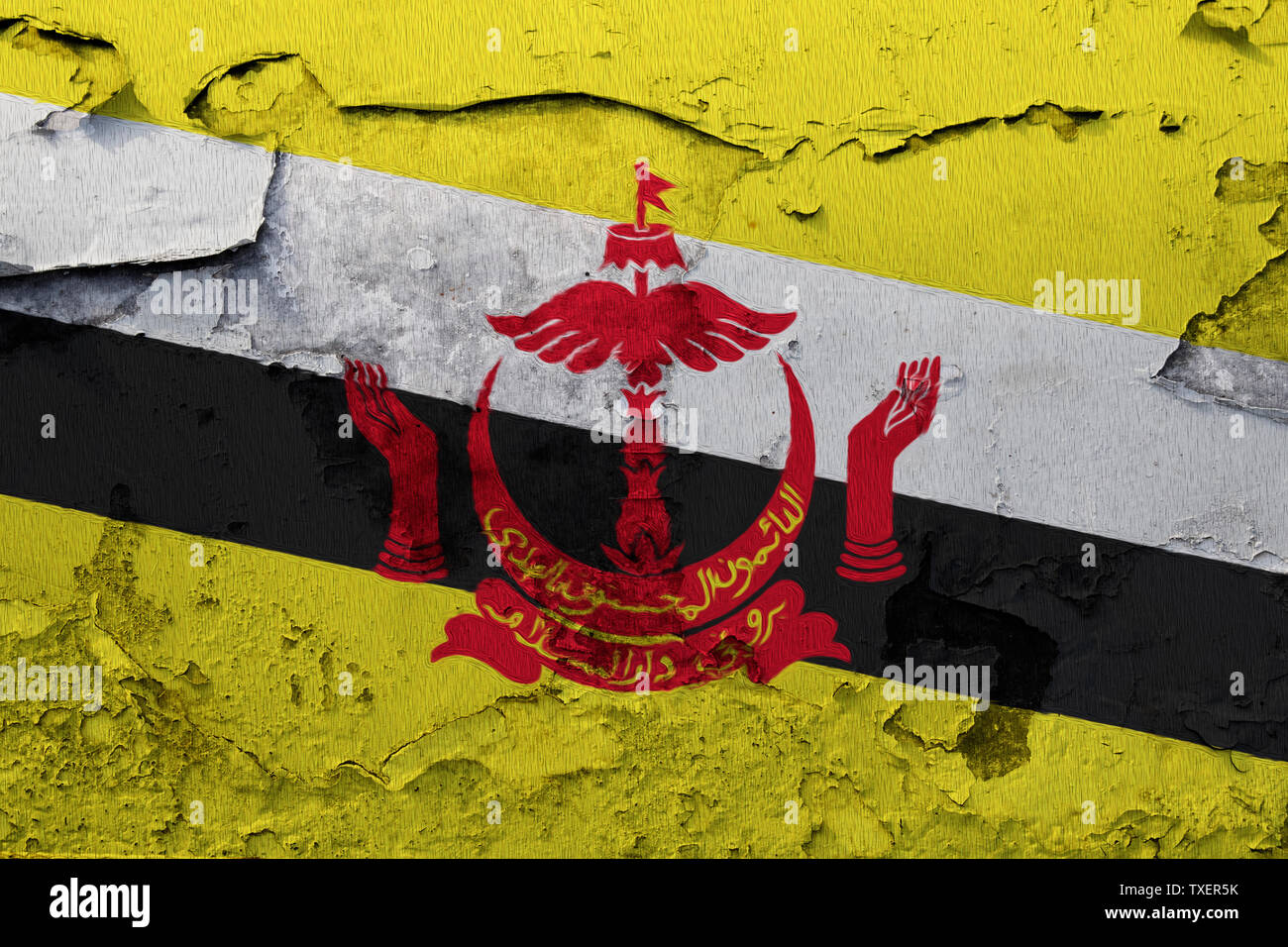 Brunei bandiera dipinta sul incrinato grunge muro di cemento Foto Stock