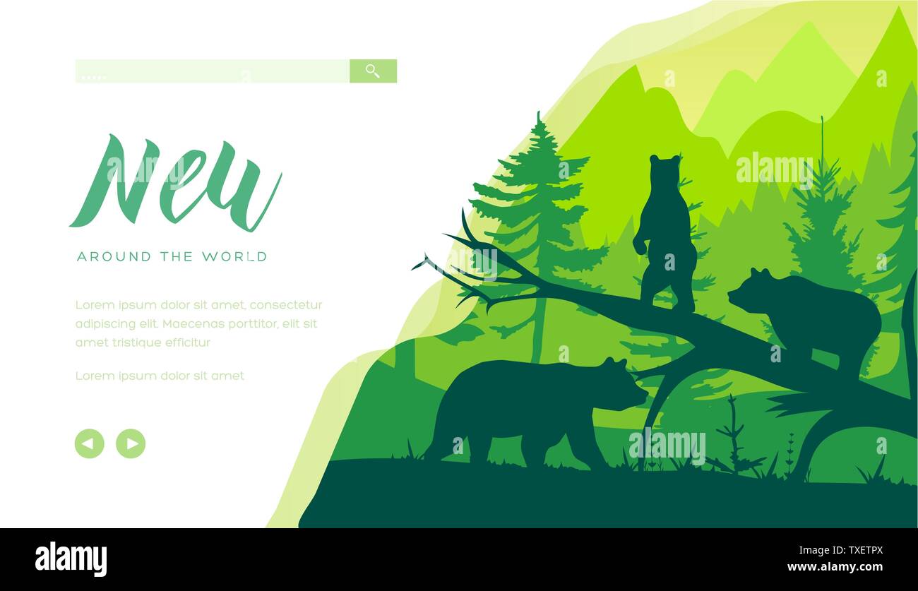 Forest wildlife landing page modello. Porta banner web design layout. Grizzly sagome in legno in stile minimalista illustrazione. Selvatica Animali carnivore website homepage. L'esplorazione della natura Illustrazione Vettoriale