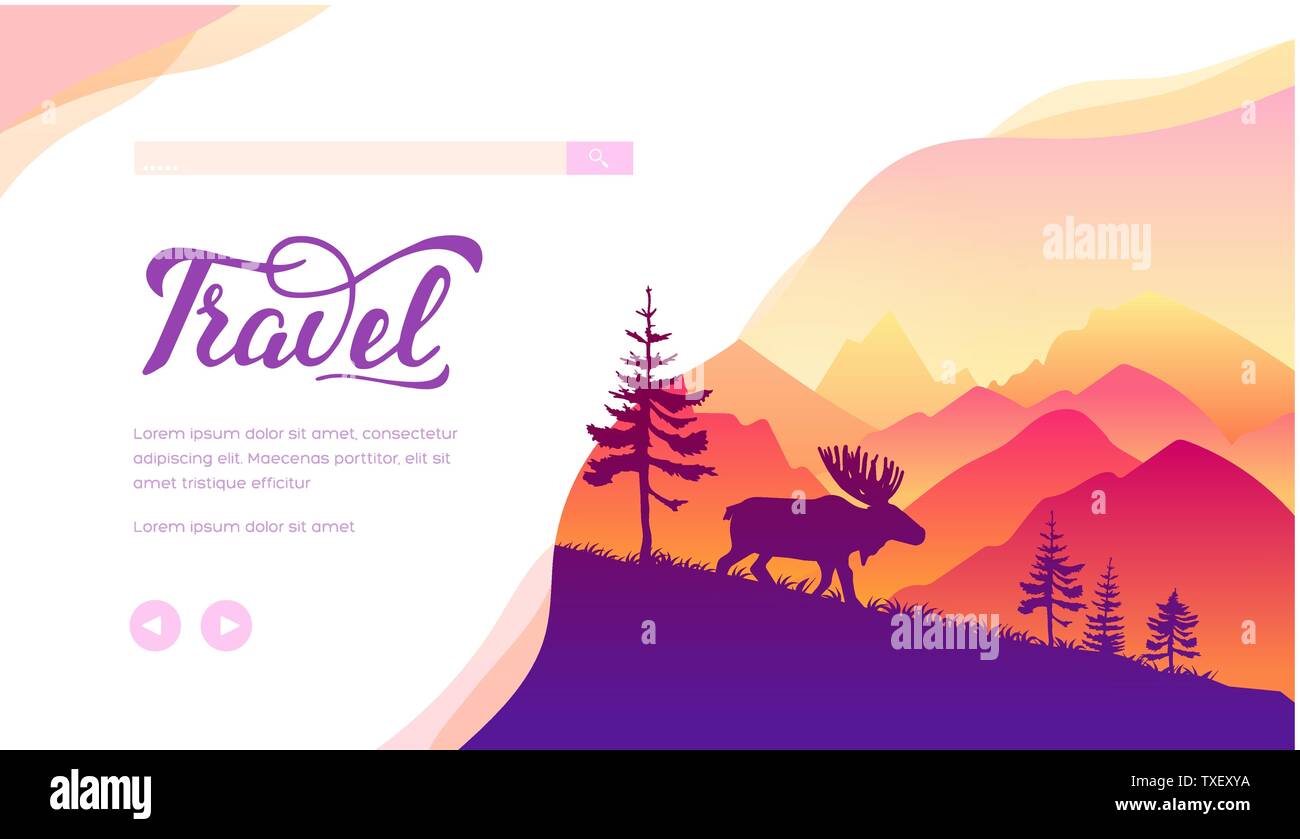 Vettore di viaggio landing page modello. Riserva nazionale, parco di banner per il web design di layout. Bosco selvatico animale illustrazione silhouette. Alci in esecuzione sul paesaggio montano sfondo minimalista Illustrazione Vettoriale
