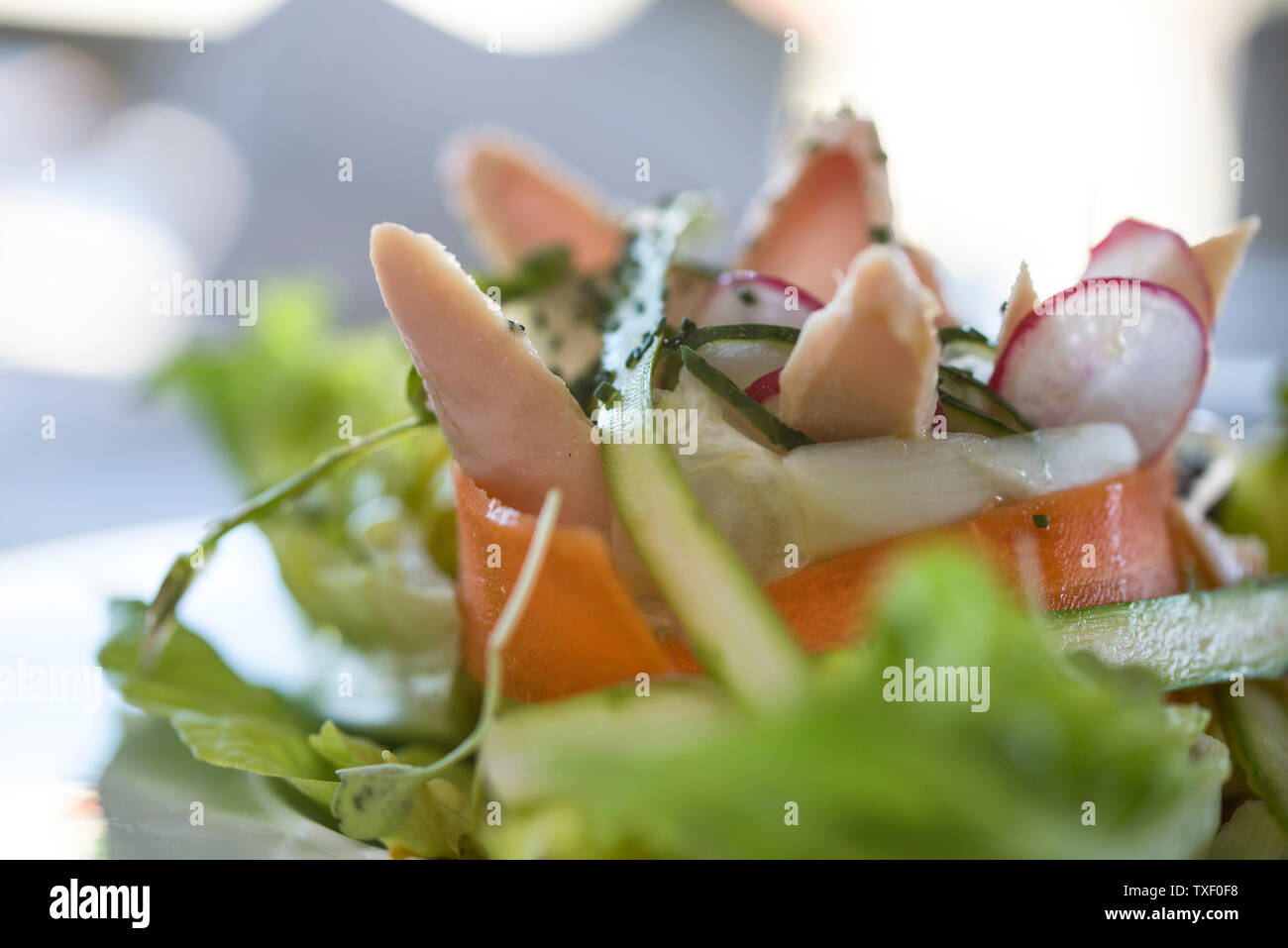 Insalata di tonno con asparagi, lattuga, carote e ravanelli, cosparsi di erba cipollina Foto Stock