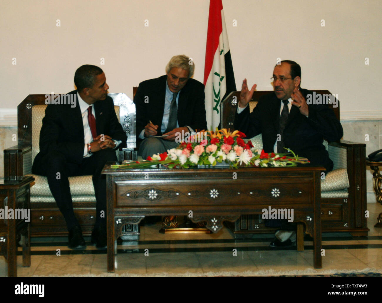 Il candidato presidenziale Barack Obama ha visitato con il primo ministro iracheno Nuri Al-Maliki a Baghdad il 21 luglio 2007. Obama è su un Medio Oriente tour che comprende l'Afghanistan, Iraq, Giordania, Palestina e Israele. (UPI foto/Ali Jasim) Foto Stock