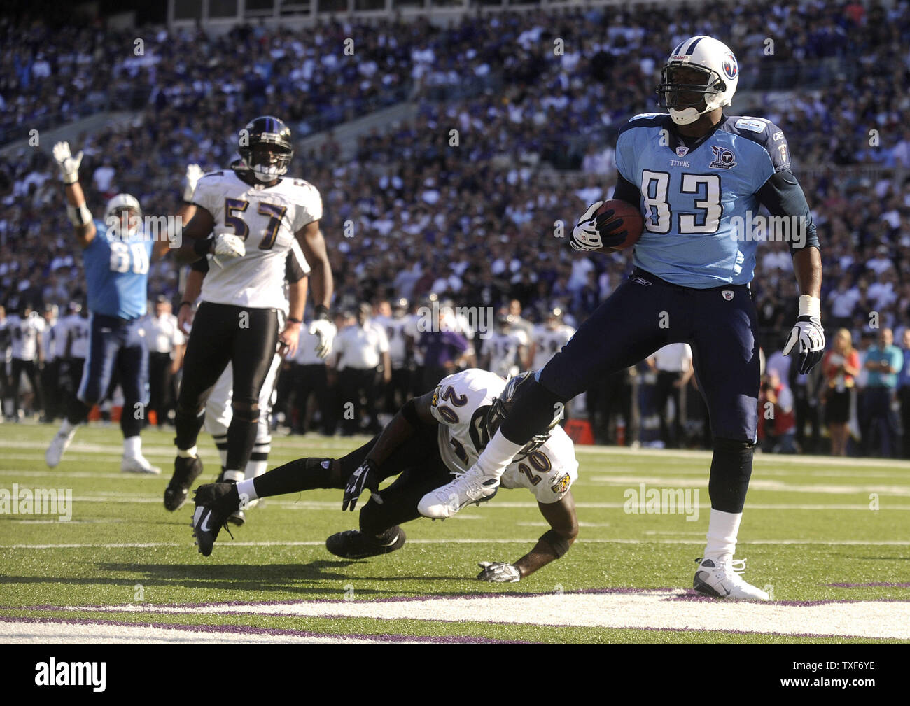 Tennessee Titans manualmente l'estremità Alge Crumpler (83) Si ritiene che le catture di 11 yard pass per un touchdown contro i Baltimore Ravens nel quarto trimestre a M&T Bank Stadium di Baltimora il 5 ottobre 2008. (UPI foto/Kevin Dietsch) Foto Stock
