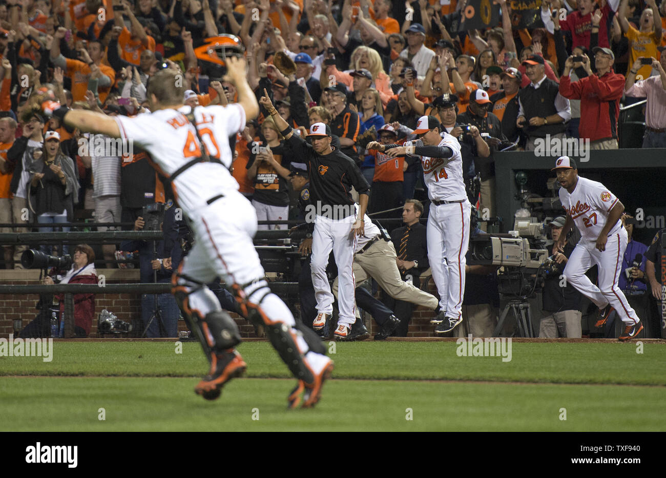 Il Baltimore Orioles celebrare dopo gli Orioles ha vinto il campionato americano Oriente campionato, sconfiggendo il Toronto Blue Jays 8-2, a Orioles Park a Camden Yards a Baltimora, Maryland il 16 settembre 2014. Questo è il loro primo campionato dal 1997. UPI/Kevin Dietsch Foto Stock