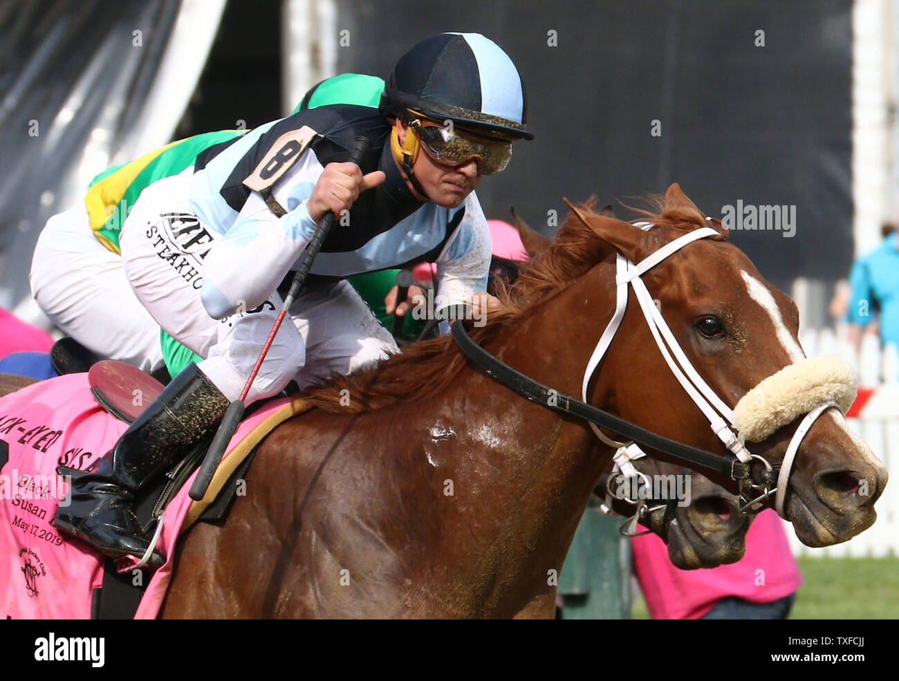 Punto di onore, Javier Castellano, vince il Black Eyed Susan Stakes di Pimiico Race Course a Baltimora, Maryland, Venerdì 17 Maggio, 2019. Foto di Mark Abramo/UPI Foto Stock