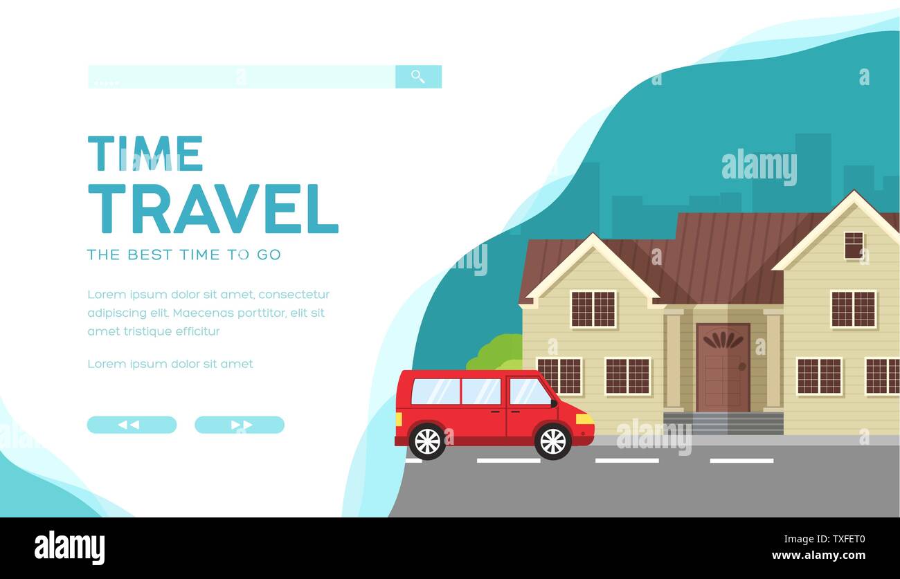 Agenzia immobiliare vettore servizio landing page modello. Casa in affitto  di banner per il web design di layout. Famiglia road trip. Viaggiare in  auto illustrazione piana con lo spazio di testo. Acquisto