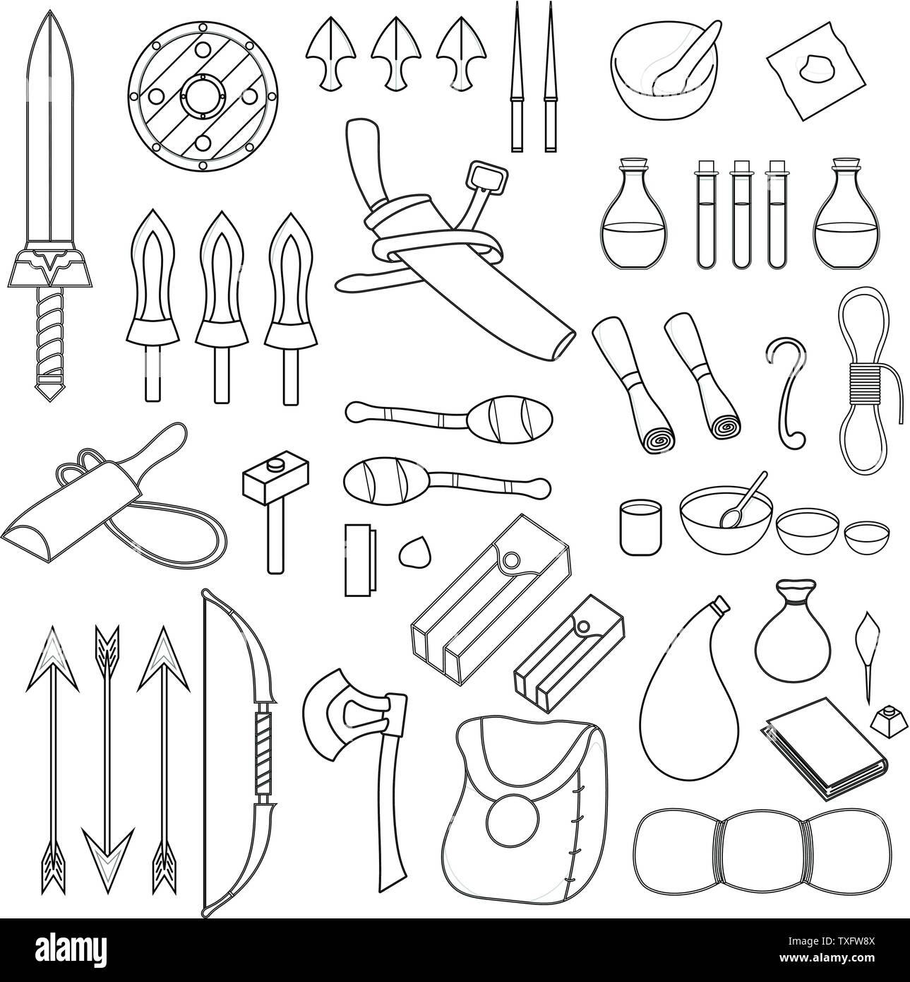 Raccolta di 46 voci per l'avventura isolata su sfondo bianco. Attrezzature di avventuriero. Armi medievali, borse, pozioni magiche, stoviglie, Torchs, prua Illustrazione Vettoriale