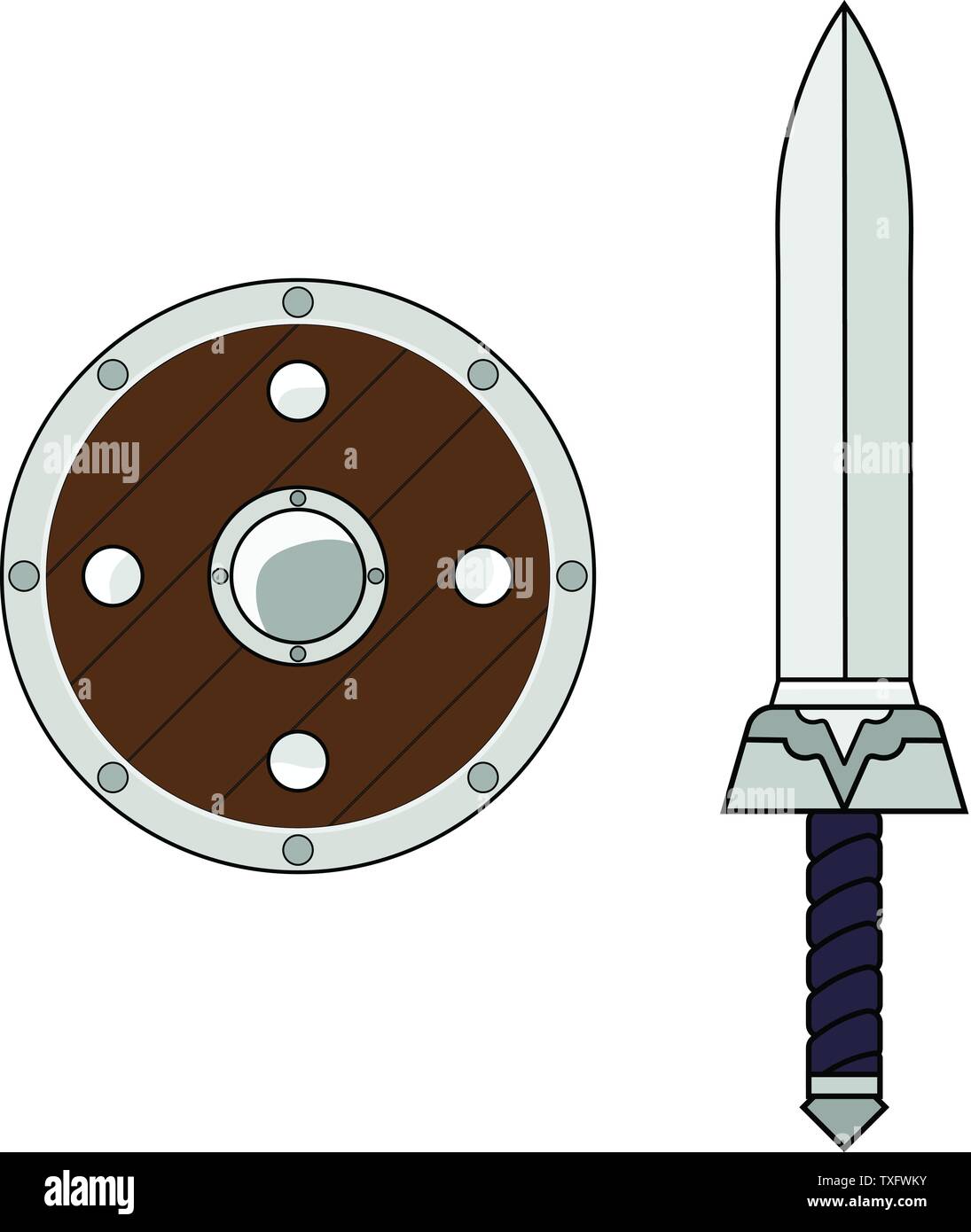 Cartoon spada e scudo isolato su sfondo bianco. Arma medioevale. Elementi di avventura. Illustrazione di vettore per il tuo design, gioco, la scheda Web. Illustrazione Vettoriale