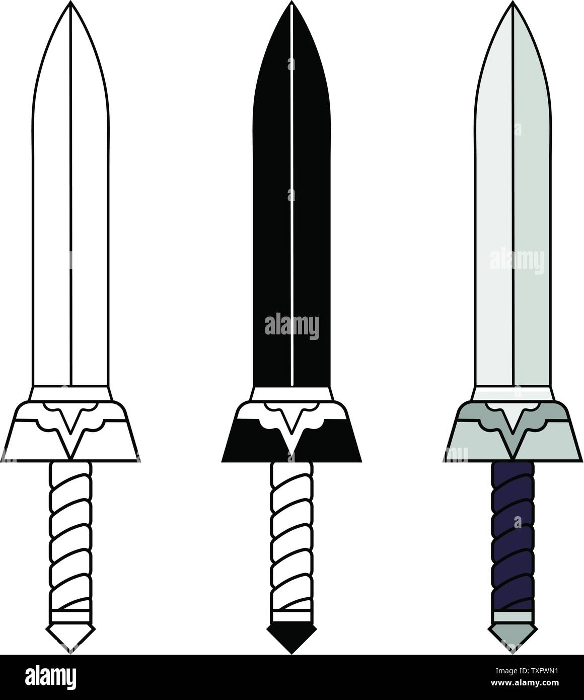 Cartoon, del contorno nero spada isolati su sfondo bianco. Arma medioevale. Elementi di avventura. Illustrazione di vettore per il tuo design, gioco, la scheda Web. Illustrazione Vettoriale