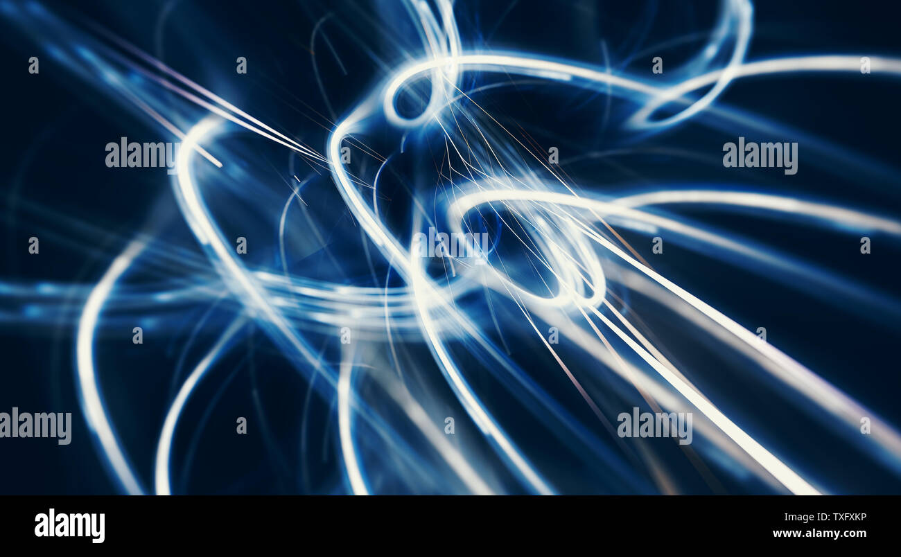 Blu brillante curve di energia nello spazio, generato dal computer sfondo astratto, rendering 3D Foto Stock