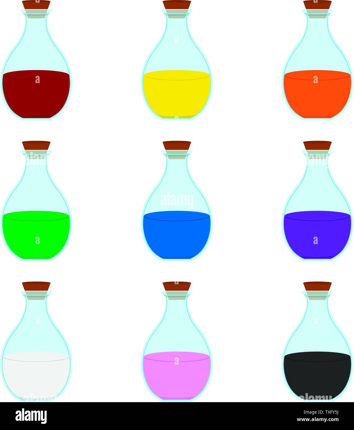 Serie di cartoni colorati elisir magico beuta isolata su sfondo bianco. Procedura guidata o elementi della strega. Illustrazione di vettore per il tuo design, gioco, la scheda Web. Illustrazione Vettoriale